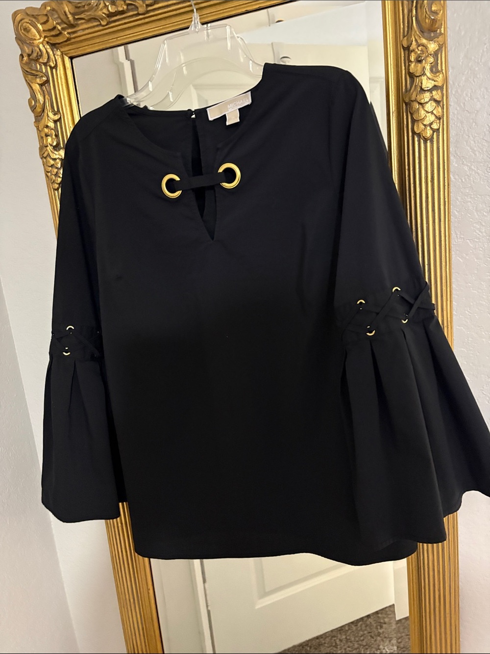 Michael Kors Black Women's Gold Grommet Detail Bell Sleeve Top size medium